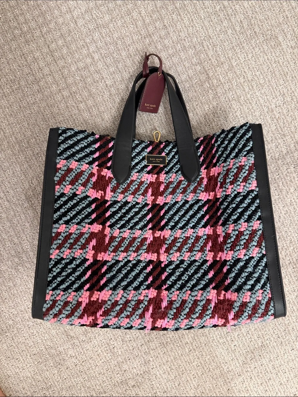 kate spade Multicolor Woven Plaid Tote - Pink, Blue & Burgundy